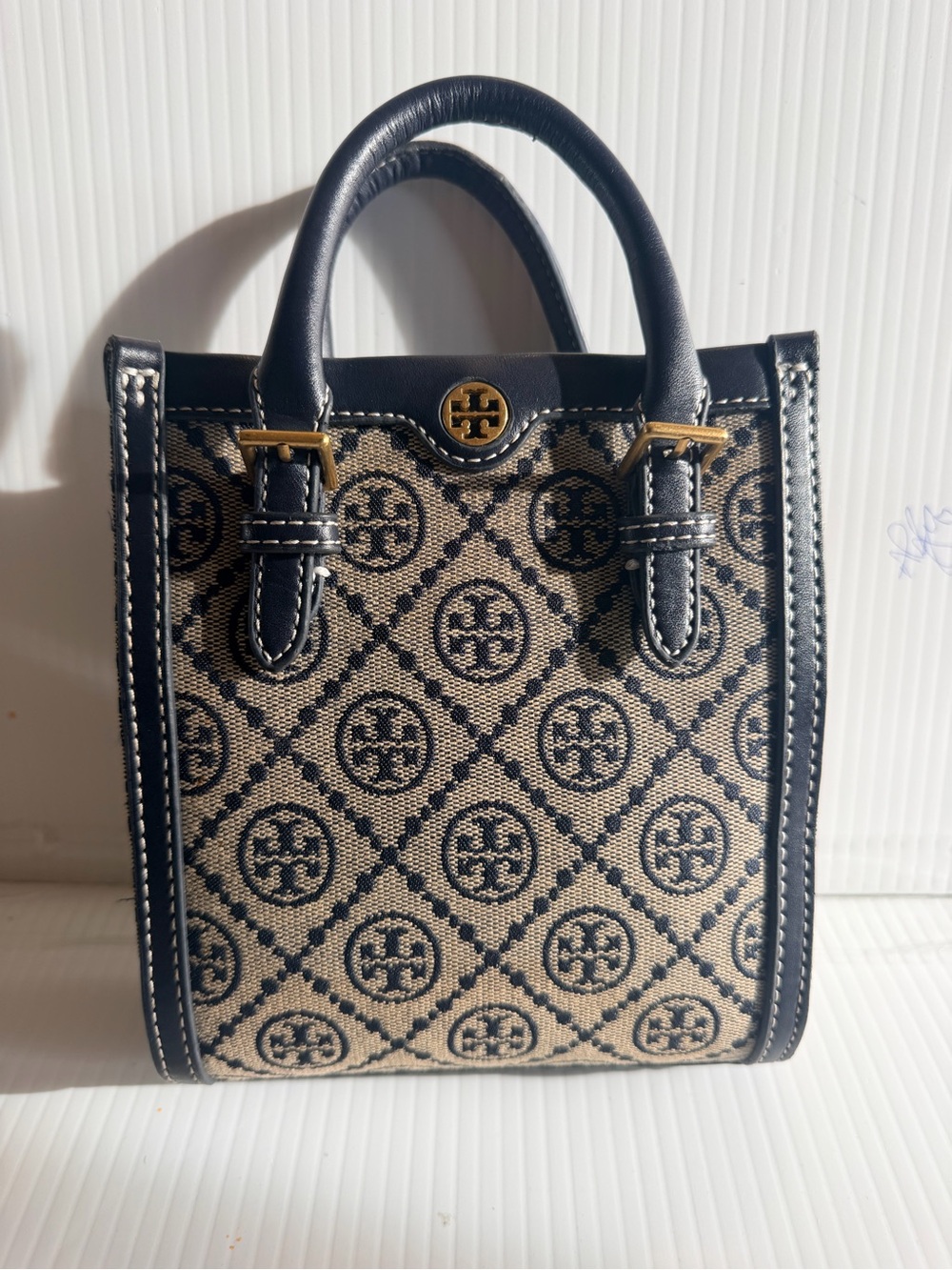 Tory Burch Navy and Beige Logo Jacquard Mini Top-Handle Bag
